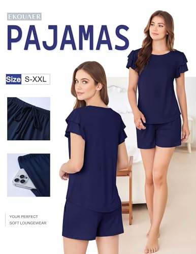 Image of Ekouaer Womens Pajama Sets 2 Piece Ruffle Sleeves Top and Shorts Pjs | Soft Sleepwear Cute Loungewear Set with Pockets for Sleep, Lounge, Wedding, Party, Bridal