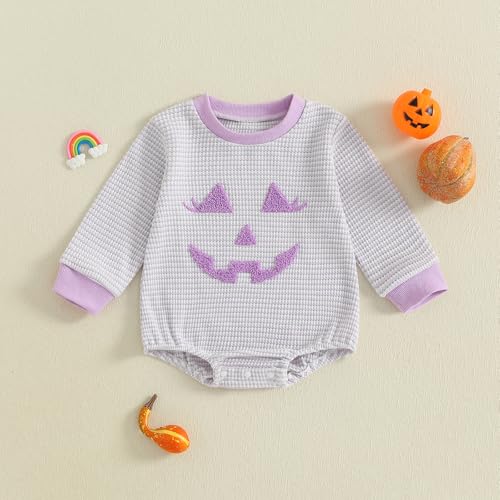 Baby Boy Girl Halloween Outfit Pumpkin Ghost Embroidered Sweatshirt Romper Stripe Waffle Long Sleeve Bodysuit Tops4
