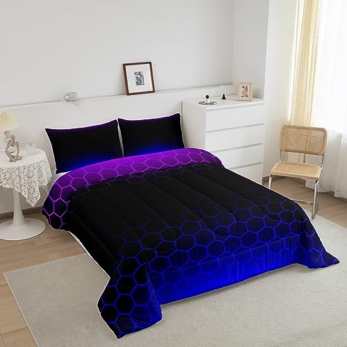 Image of Honeycomb Bedding Set Full Size, Purple Blue Ombre Comforter Geometrics Hexagon Comforter Set for Kids Boys Girls Beehive Hexagon Duvet Set Breathable Room Decor Microfiber Bed Set