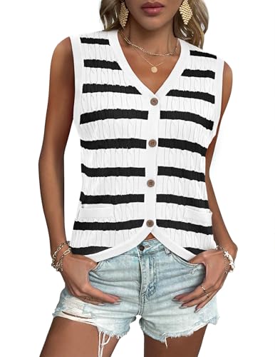 Women V Neck Sweater Vest Cable Knit Button Down Striped Tank Top Casual Crochet Knitted Sleeveless Cardigan