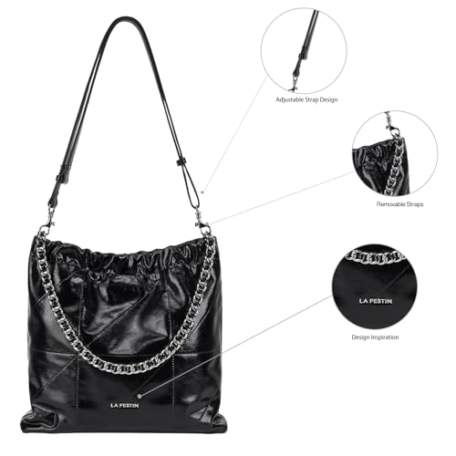 Image of LA FESTIN Genuine Leather Chain Hobo Bag for Women Trendy Crossbody Purse | Split Leather, Chain Strap, Adjustable Strap, Drawstring Closure, Large Capacity, Daily use