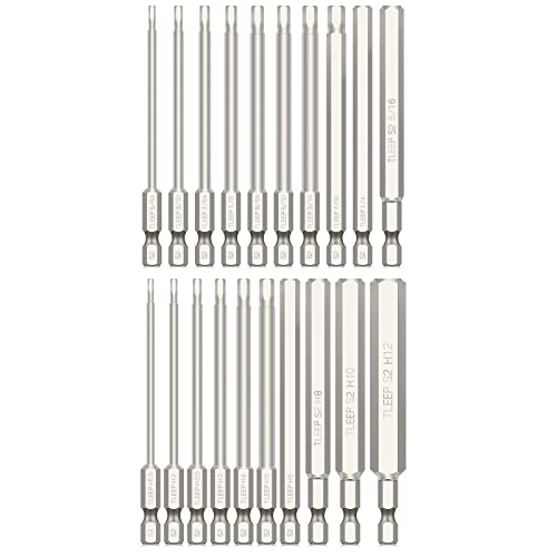 Tleep 20 X 1/4 Inch Hex Head Allen Wrench Drill Bits 100Mm Long, Sae 5/16” To 5/64” & Metric 12Mm To 1.5Mm, S2 Steel Magnetic Tips Screwdriver Socket Bit Set For Ikea Type Furniture, Silver #TOP8