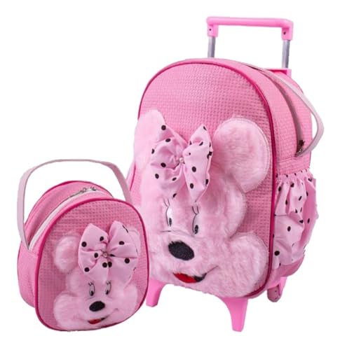 Kit Escolar Infantil com Mochila de Carrinho G e Lancheira, 33x25x13cm, Poliéster (Minnie)