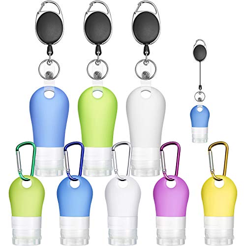 8 Pieces Silicone Travel Bottle Keychain 1.3 oz 2 oz Empty Bottle Refillable Portable Silicone Liquid Container with 3 Piece Retractable Badge Holder, 5 Piece D-Shape Keychain Clip for Outdoor Travel