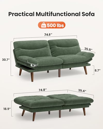 Image of Amada 75 inch 3-in-1 Convertible Futon Sofa Bed, Green