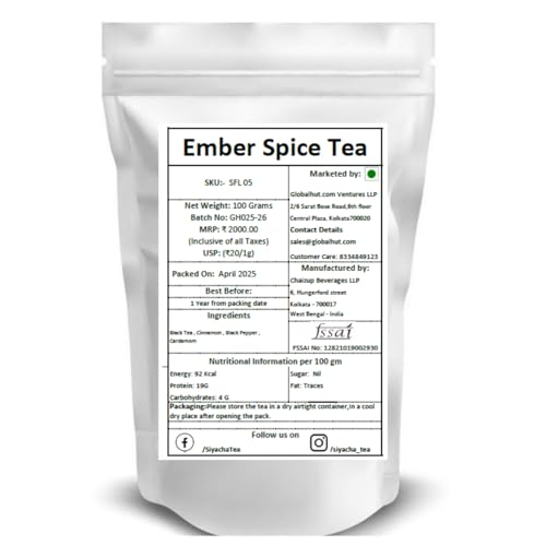 Image of Siyacha Tea Ember Spice Chai, Assam Black Tea, Cinnamon, Black Pepper, Cardamom, 100% Natural Pure Spice Blend, No Added Flavoring, Evening Tea Beverage, 100 Grams Makes 50 Cup (approx)