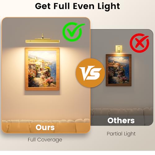 Image of Corless Picture Lights 2 Pack, 4400mAh Battery Operated Wirelesss Wall Lights Sconce, 12 inch Dimmable Remote Timer for Painting Artwork Living Room (Gold)