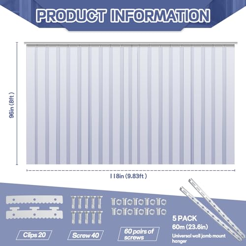 Image of Juexica 96 x 118 Inch Plastic Strip Door Curtain Kit 0.08'' Walk in Cooler Curtains PVC Freezer Door Curtain Smooth Waterproof Insulation Hurricane Shutters Gate for Warehouse Garage Industry (Clear)