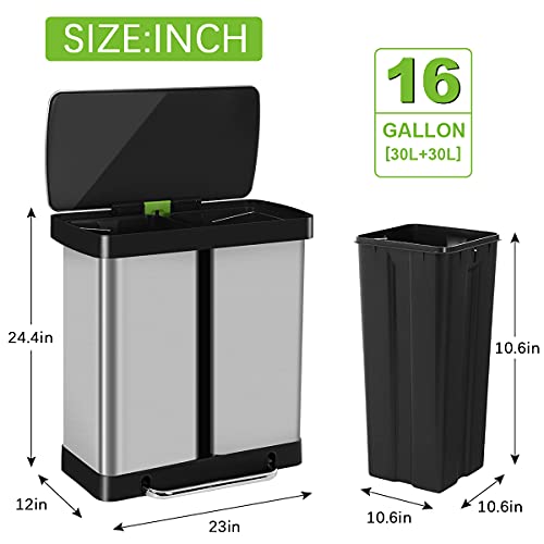 Stainless Steel Dual Compartment Trash Can, 16 Gallon - Ideal for Kitchen, Bedroom, Bathroom, and Office