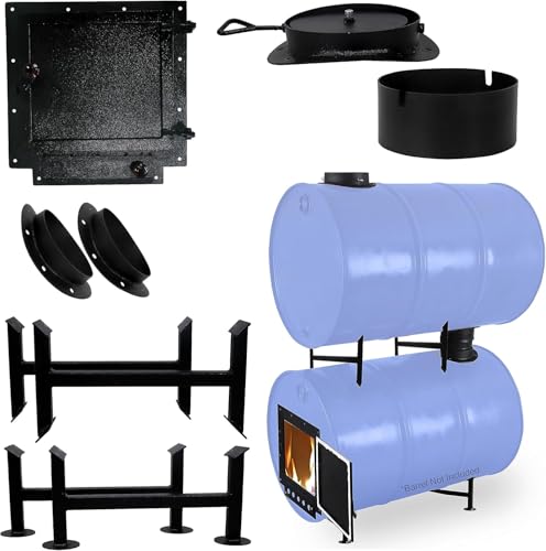 Double Barrel Stove Kit Perfect For 30 to 55 Gal Drum Wood Stove Kit - Heavy Duty Steel Barrel Camp Stove Kit w/Stove Door - DIY Oil Barrel Stove Kit Heat for Winters in Workshop Cabin Garage