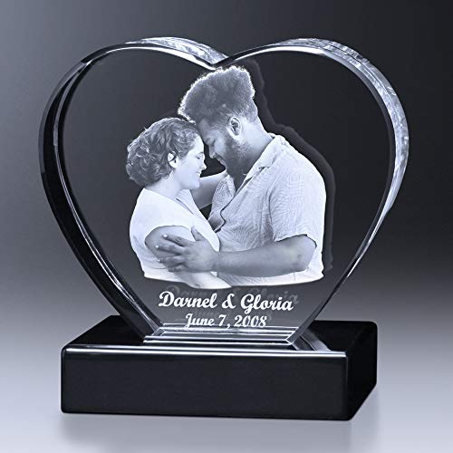 Crystal Impressions - Heart Shape Customized Crystal Photo with 3D Laser Engraved Crystal Personalized Anniversary Valentines Couple Gift or Paperweight With Free Lighted Base (Medium)