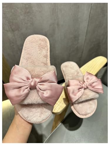 Women's Bow Knot Furry Fuzzy Slippers Open Toe Indoor Outdoor Bedroom House Slippers4