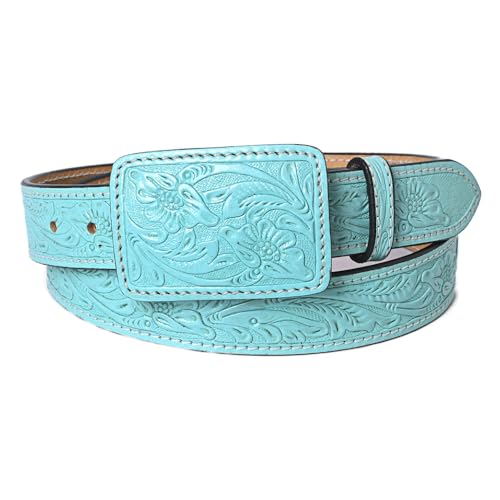 American Darling Beautifully Hand Tooled Turquoise Genuine American Leather Belt Men and Women Western Belt with Removable Buckle