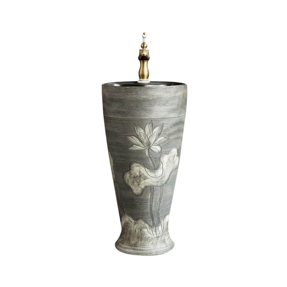 ASerZenith Modern Antique Carved Pedestal Sink With Faucet And Drain Outdoor Floor Standing Bathroom Vanity Bathroom Pedestal Sink