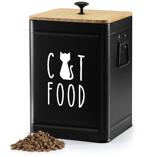 PERFNIQUE Cat Food Storage Container, Airtight Cat Treat Container with Scoop and Bamboo Lid, 25 Cup Pet Food Storage for Kitchen Countertop, Treat Jars for Pets, Farmhouse Cat Food Container (Black)