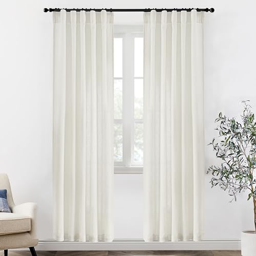 Image of XTMYI 80 Inch Closet Curtains for Bedroom Closet Door,Linen Cotton Boho Semi Sheer Back Tab Pleated Easy Open Sliding Closet Door Curtains,80 Inches Long,2 Panels Set,Cream Ivory Off White