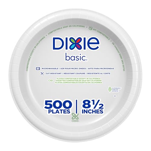 Dixie Basic 8.5 Inch Light-Weight Paper Plates By GP PRO, White, 500 Count (125 Disposable Plates Per Pack, 4 Packs Per Case), DBP09W