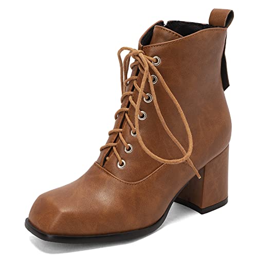 Women Block Heels Short Bootie Square Toe Lace Up