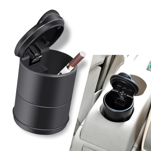 Image of Shakas Car Ashtray with Lid, One Hand Opening and Closing Creative LED Light Design High Temperature Resistant Flame Retardant Liner Small Trash Can, Portable Accessories for Most Cars (Black)