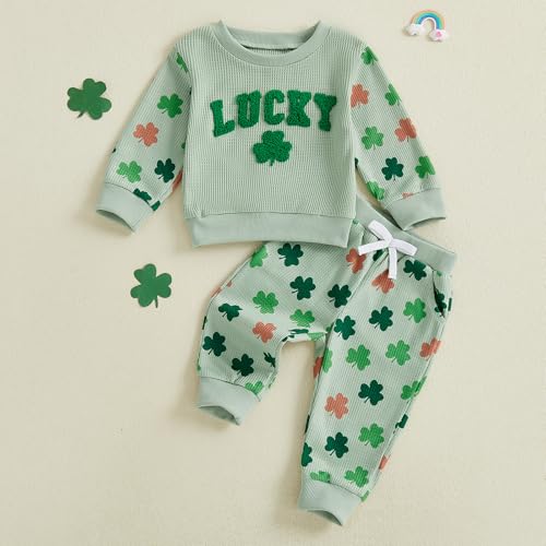 Image of Toddler Baby Boy Girl St Patricks Day Outfit Lucky Embroidery Waffle Long Sleeve Sweatshirt Pants Spring Clothes Set