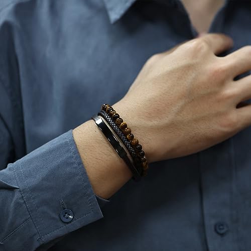 Tiger Eye Leather Bracelet Beaded Bracelet for Men Leather Bracelet - Many Layer Black Leather Bracelets Wristband with Adjustable Spiritual Jewelry, Trendy Design Gift for Men
