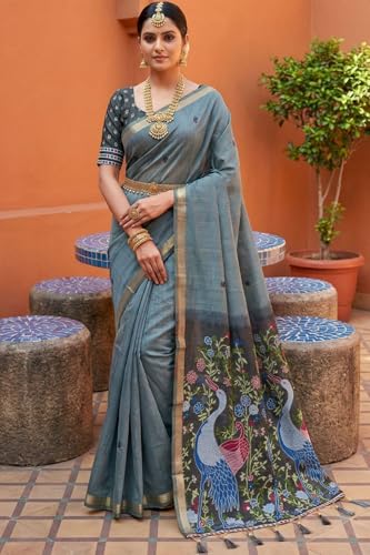Image of SGF11 Women's Soft Cotton Linen Silk Saree With Unstitched Blouse Piece