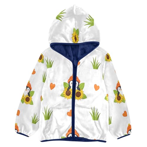 Penguin Sunflower Grass Heart Toddler Fleece Jacket Girl Boys Hooded Fleece Jacket Coat Warm Outwear Zip-up 3-10T
