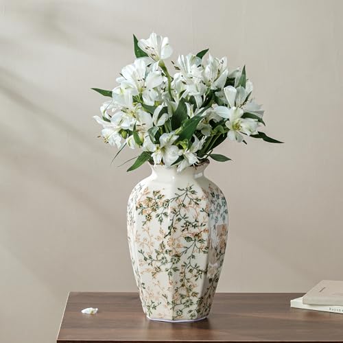 Image of Ceramic Flower Vase | Green Rustic Farmhouse Vase for Home Decor, Vintage Floral Pottery Tuscan Octagonal Vase for Living Room & Kitchen, Mantel & Bookshelf, Centerpieces, Entryway, Wedding(9.1 Inch)