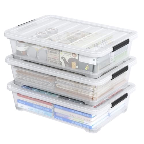 Underbed Storage Bins with Wheels, 20 Qt, Set of 3 | Rolling Under Bed Storage Containers for Home or Dorm Bedrooms and Closets, Low-Profile Wheeled Latching Box