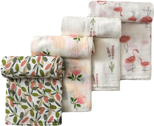 Image of 4-Pack Muslin Swaddle Blankets for Baby Girls - Silky Soft and Breathable Baby Blankets for Girl， Large Receiving Blankets (4 Pack -Peach Floral)