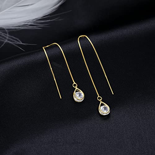 Reffeer Solid 925 Sterling Silver CZ Droplet Chain Dangle Earrings for Women Teens Tassel Dangle Earrings Threader4