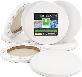 Arteza Stretched Canvas for Painting, 25.4 cm Diameter, 8 Pack, 100% Cotton, 8 oz Gesso-Primed Round Blank Canvases for Acrylic Painting and Pouring