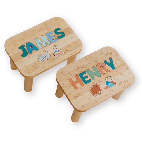 Wooden Stool Custom Name Puzzle Personalized Dinosaurs 1st