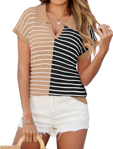 Image of ZAFUL Women's Short Sleeve Summer Sweaters for Women Lightweight Polo Sweater Shirts Lapel V Neck Pullover Knit T Shirts