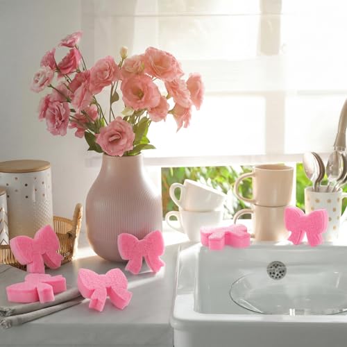 Image of Tioncy 12 Pack Pink Bow Sponges Bulk Preppy Dual Sided Scrubber Stylish Pink Bow Sponges Reuseble Non Scratch Dishwashing Kitchen Cleaning Accessories for Cookware Pot Boiler Pan Household