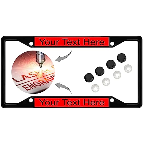 Image of Personalized with Custom Text Design - 4 Hole Black Metal Laser Engraved US Standard Size - Car License Plate Frame with Free caps - Red /Black Text (Qty: 1 Frame)