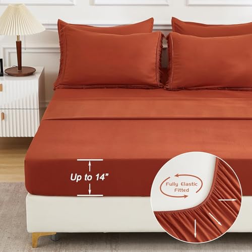 Image of Andency Oversized King Comforter Set with Sheets 128x120 Terracotta - 7 Pieces Bed in a Bag Boho Soft Lightweight Bedding Sets, Tassel Bed Set with Comforter, Sheets, Pillowcases & Shams