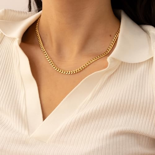 EVAYA 14k Gold Miami Cuban Chain Necklace for Women & Men (3mm-5mm Width, 16-24" Length) - Cadenas de Oro Puro de 14K4