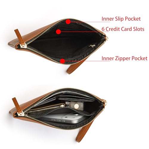 Image of DORIS&JACKY Women Leather Clutch Purse and Phone Wallet with Wristlet Strap | Soft Designer Evening Party Bag, Thin Slim RFID Blocking Cellphone Pouch Case, Formal Casual Handheld Premium Little Purse