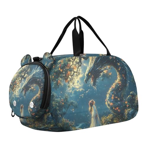 Duffle Bag for Boys or Girls with Shoes Compartment, Beautiful Dragon Feathered Sports Travel Bag Overnight