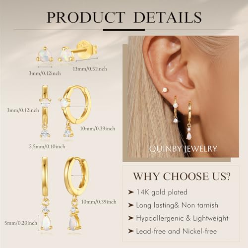 QUINBY Silver Opal Earrings Set For Women,Sterling Silver Opal Earring,Stud Dainty Cartilage Stackable Earring Stacks,14k Hypoallergenic Opals Jewelry Hoop Earrings,Birthday Ideas For Mom Friend Wife4
