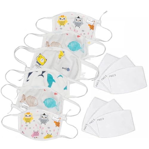 KaWaii Kid’s Face Cloth Masks Children Teens Boys Girls, 4-Layer Waterproof Cotton Mask, 6 Masks + 6 PM2.5 Pads (5-10 Years)