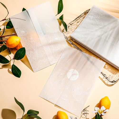 Marspark 100 Pcs Wedding Vellum Jackets for 5x7 Invitations Pre-Folded Wedding Invitations Kit Wildflower Wraps Translucent Paper Envelope Liners with Flower Pattern for Birthday Party(White)