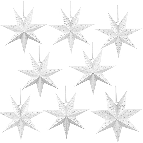 Haconba 8 Pack 3D Paper Stars 7 Pointed Hanging Star Paper Lanterns Lampshade Hollow Paper Star Lantern for Christmas Wedding Home Birthday Party Decorations, 3 Size