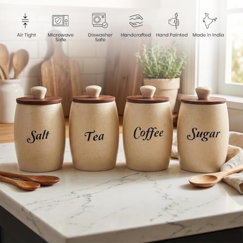 Image of Ceramic Tea Coffee Sugar Salt Containers Set of 4 with Wooden Lids | Jar and Container for Kitchen Storage Set | Multi Utility Air Tight Kitchen Organizer Items (Hand-Painted, 400 ML)