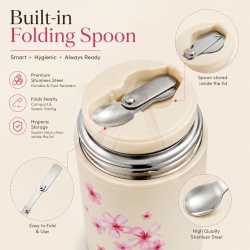 Image of Insulated Stainless Steel 1060ml Lunch Box with 350ml Tumbler | Leakproof Hot Cold Food Container | BPA-Free Cute Tiffin Box for Kids, School, Office, Travel, Picnic (Pink Cherry Blossom Floral)