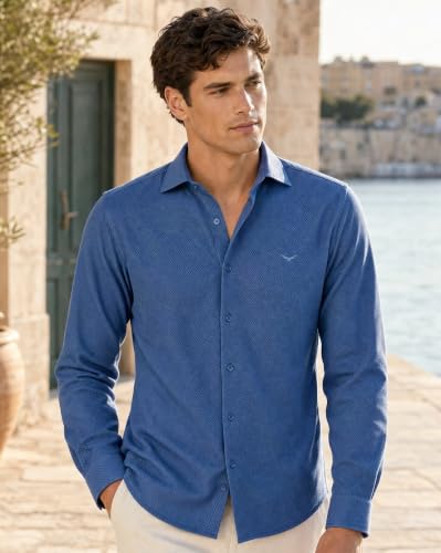 Image of Nobero Textured Popcorn Shirt for Men | Cotton Shirts for Men in 280 GSM Popcorn Knit | Stand Collar | Regular Fit | Full Sleeve