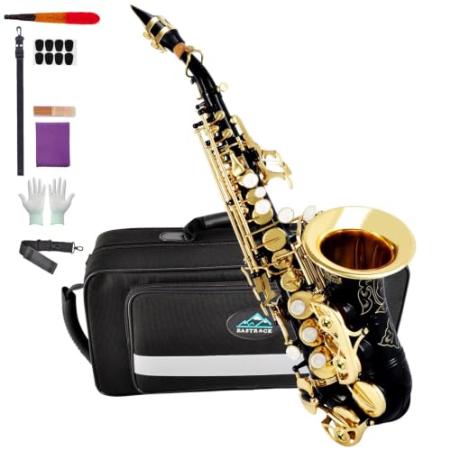 EASTROCK Soprano Saxophone Curved Bb Flat Black Sax Instruments for Beginners Intermediate Players with Carrying Case Mouthpiece Pads Reed Cleaning kit neck Strap White Gloves