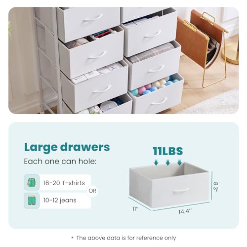 Image of OLIXIS Dresser for Bedroom, 8 Storage Drawers, Tall Large Fabric Storage Tower Organizer, Chest of Drawers with Metal Frame Wooden Top for Nursery, Closet, Living Room, Entryway, White