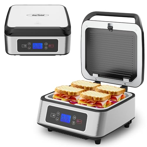 Electric Panini Press Sandwich Maker, 1300W Smokeless Indoor Grill with Removable Non-Stick Plates, Fan, Auto-Lift, Independent Upper Heating, Smart Time &amp; Temperature Control, Silver